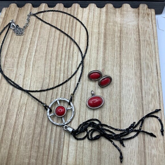 Chico's Multi Beaded Red & Pewter Pendant Necklace Earring Set - Picture 1 of 8